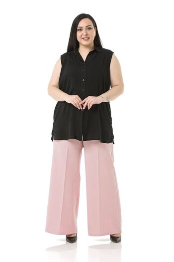 DISENTIS MODEST Plus Size Wide Leg Double Powder Color Trousers with Elastic Waist and Side and Back