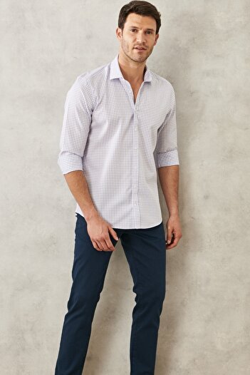 ALTINYILDIZ CLASSICS Men's White-blue Non-Iron Slim Fit Narrow Cut Classic Collar 100% Cotton Checked Shirt