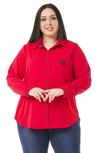 DISENTIS MODEST Large Size Leather Pocket Covered Side Openable Button Detail Long Back Red Shirt