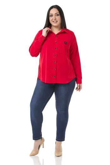 DISENTIS MODEST Large Size Leather Pocket Covered Side Openable Button Detail Long Back Red Shirt