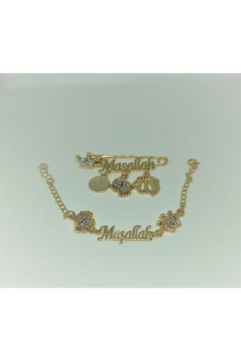 MAVİ ÇERÇİ White Crystal Stone Baby Collar Pin and Bracelet Set with Mashallah Writing