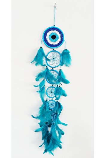 Mixperi Nazar Boncuklu Turkuaz Rengi Düş Kapanı Yedili Bol Kuş Tüylü Dream Catcher Duvar Süsü