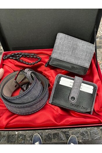 Carlino Men's Gray Black Wallet Belt Card Holder Bone Rosary Stylish Boxed Set