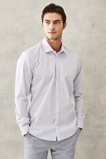 ALTINYILDIZ CLASSICS Men's White-blue Non-Iron Slim Fit Narrow Cut Classic Collar 100% Cotton Checked Shirt