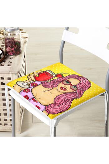 Realhomes Popart Girl Patterned Zippered Chair Cushion with Yellow Background