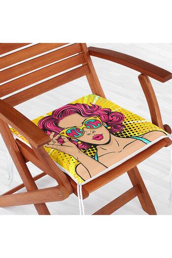 Realhomes Pop Art Girl Patterned Zippered Chair Cushion with Yellow Background