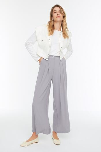 Trendyol Modest Gray High Waist Wide Leg Aerobin Pleat Detailed Woven Trousers TCTSS22PL0055
