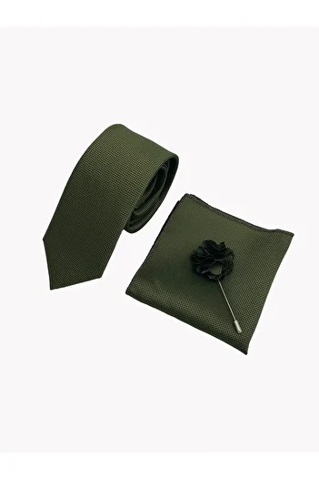 Brianze Khaki Green Necktie Handkerchief Collar Flower Set