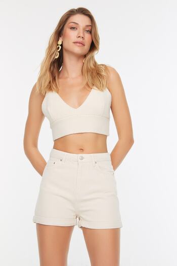 Trendyol Collection Stone High Waist Mini Denim Shorts Twoss22Sr0501