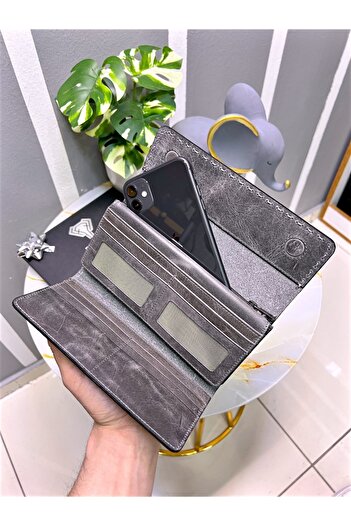 Fil Deri Genuine Leather with Phone Compartment Saraciye Stitching Men's Gray Color 2022