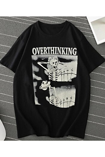 Touz Gothic Skeleton Printed Overthinking Unisex T-shirt - Wide Cut