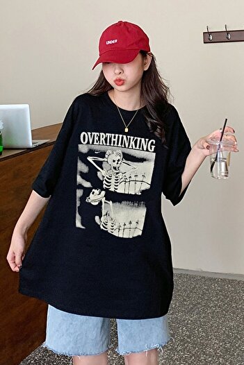 Touz Gothic Skeleton Printed Overthinking Unisex T-shirt - Wide Cut
