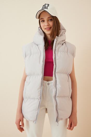 Happiness İstanbul Women's Stone Gray Hooded Oversize Puffer Vest MK00176
