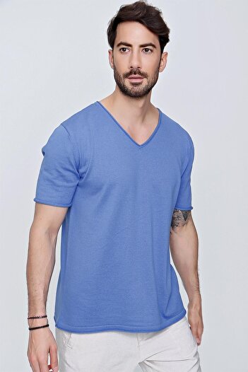CHUBA Ανδρικό μπλουζάκι με λαιμόκοψη V Loose Fit Βαμβακερό λεπτό πλεκτό Indigo 22sm204