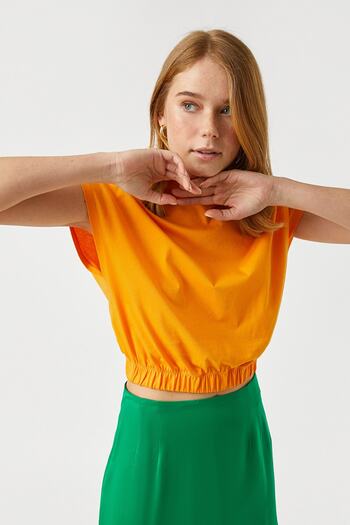 Koton T-Shirt Cotton Crop Basic με ελαστική μέση