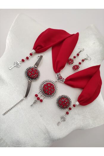 adilstore Crystal And Sand Bead Embroidered Evil Eye Prayer Necklace Bracelet Ring And Earring Set