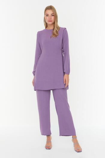 Trendyol Modest Purple Eyelet Binding Detailed Aerobin Tunic-Pants Set TCTAW22US0092