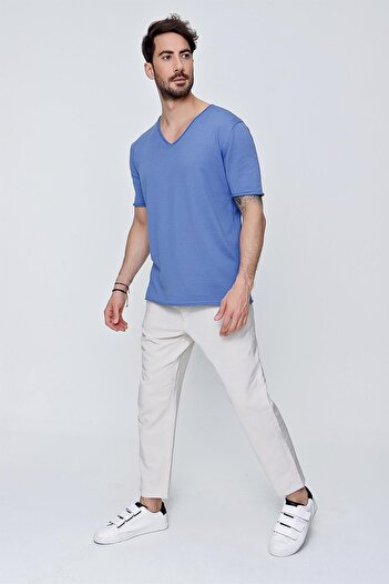 CHUBA Ανδρικό μπλουζάκι με λαιμόκοψη V Loose Fit Βαμβακερό λεπτό πλεκτό Indigo 22sm204