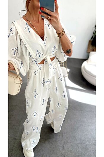 Luna&Luce Linen Palazzo Women's Pants and Blouse Set - Lined, Special Embroidery, Natural Fabric