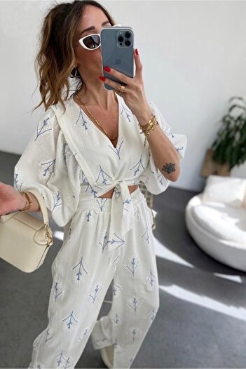 Luna&Luce Kadın Keten Palazzo Astarlı Pantolon Bluz Takım Özel Nakış Işlemeli Tasarım Naturel Kumaş