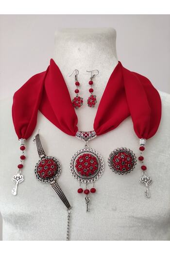 adilstore Crystal And Sand Bead Embroidered Evil Eye Prayer Necklace Bracelet Ring And Earring Set