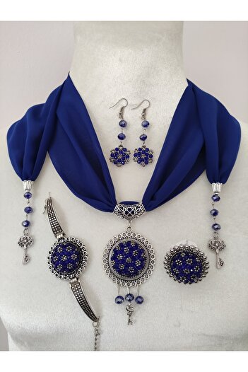 adilstore Crystal and Sand Bead Embroidered Evil Eye Prayer Necklace, Bracelet, Ring and Earring Set