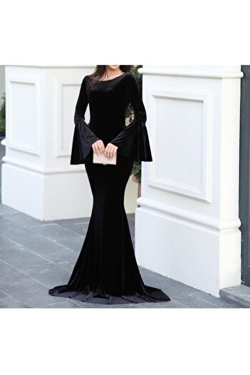 Styling Park İspanyol Kol Kadife Uzun Elbise