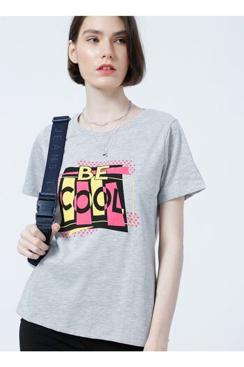 LİMON COMPANY Lemon Eno Crew Neck Regular Fit Printed Gray Melange Women's T-Shirt