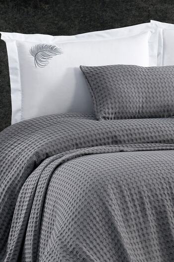 Minelya Home Collection 6-Piece Terra Gray Cotton Pique Set with Elastic Sheet and Embroidery