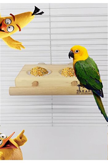 SAKAPET Solid Natural Wood Double Feeder Platform with Bird Perch