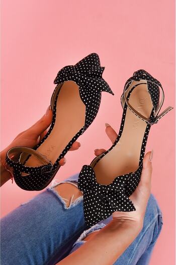 DİVOLYA Mambo Black Polka Dot, Bow, Ankle Strap, Pointed Toe, Casual Ballerinas