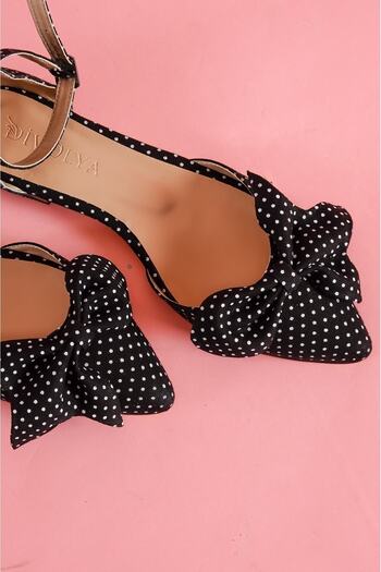DİVOLYA Mambo Black Polka Dot, Bow, Ankle Strap, Pointed Toe, Casual Ballerinas