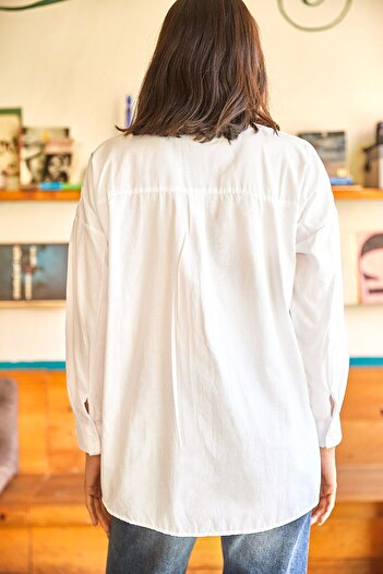 Olalook Women's White Bird Sequin Detailed Woven Boyfriend Shirt GML-19000992