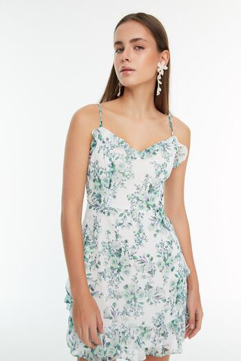 Trendyol Collection Μέντα λουλουδάτο τύπωμα σε Α γραμμή Μίνι υφαντό φόρεμα με φόδρα TWOSS20EL1267