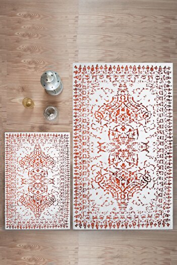 HC&W Pera 2-Piece Brick Color Bathroom Mat Set - 40X60 60X100
