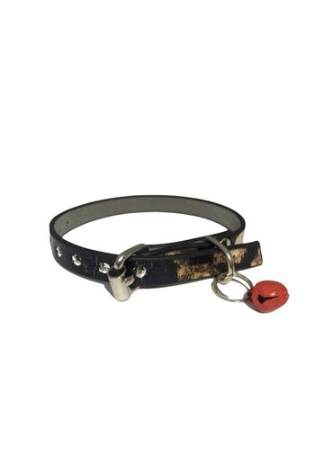 Elite Gold Leaf Black Variegated Pattern Leather 1 Cm Metal Lock Buckle Cat Collar with Bell