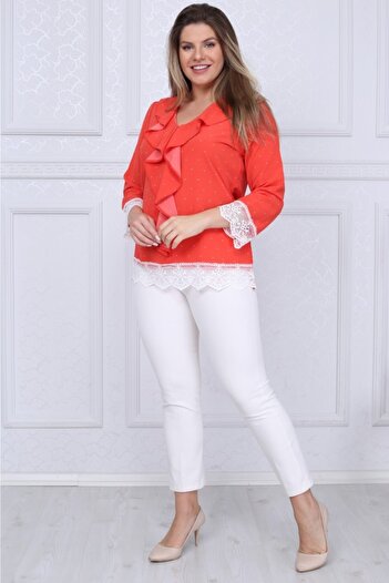 LİKRA Women's Pomegranate Flower Plus Size Frilly Collar Polka Dot Pattern Chiffon Shirt