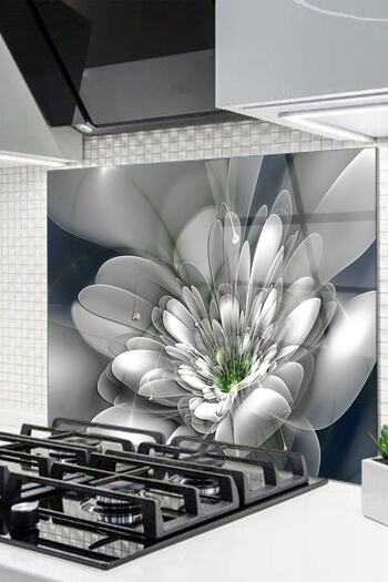 Olinpa 76X49,5 cm Glass Stove Back Protector - Countertop Built-In Back Protector |   Flower