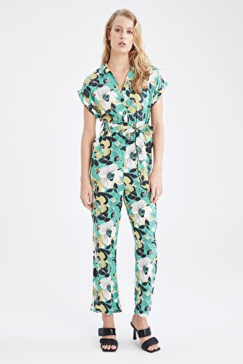 DeFacto Patterned Shirt Collar Short Sleeve Belted Midi Jumpsuit