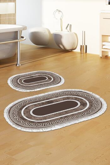 Alanur Home Eco Djt 2 Piece Washable Base Oval Bathroom Mat 651m Modern Brown (60 X 100 - 50 X 60)