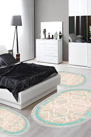 Alanur Home Eco Trend Djt Washable Non-Slip Base Oval 3-Piece Bedroom Set 1376 Classic Turquoise
