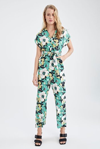 DeFacto Patterned Shirt Collar Short Sleeve Belted Midi Jumpsuit