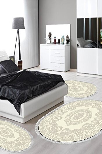 Alanur Home Eco Trend Djt Washable Non-Slip Base Oval 3-Piece Bedroom Set 747 Classic Cream