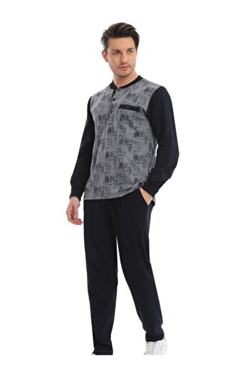 KozaLüks Men's 3 Button Diamond Pattern Navy Blue Gray Pajama Suit
