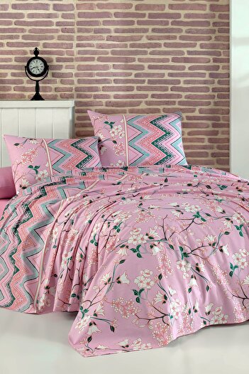 Evlen Home Collection Double Sheet Set 100% Cotton Patterned Logan Dark Powder