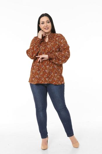 DISENTIS MODEST Plus Size Ruffled Drop Collar Sleeve Mouth Gipped Small Floral Brown Blouse