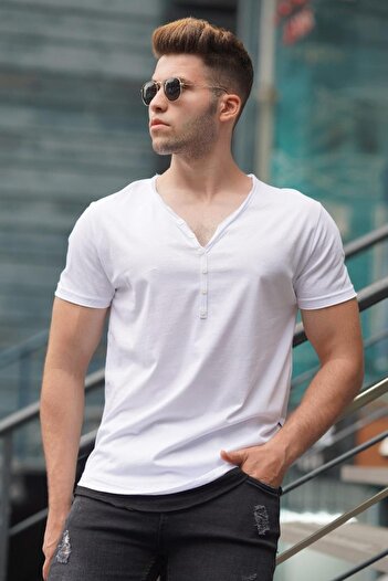 Madmext Geknöpftes weißes Herren-T-Shirt 4490