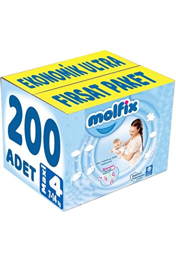 Molfix Baby Diaper Size:4 (7-14kg) Maxi 200 Pieces Economic Ultra Opportunity Package