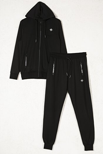 BSM Men's Black Hooded Zippered Cuff Leg Pocket Tracksuit Set