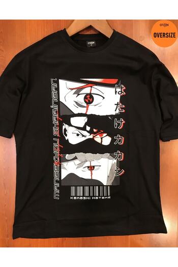 Orijin Tekstil Μπλουζάκι με στάμπα Naruto Kakashi Hatake Mangekyou Sharingan, μεγάλου μεγέθους, μαύρο